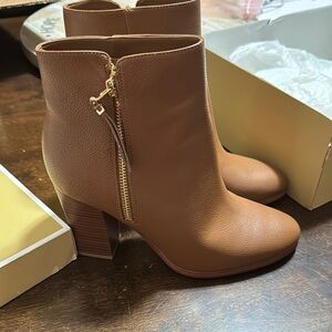 Michael Kors Brown Ankle Boots with Chunky Heel and Side Zipper